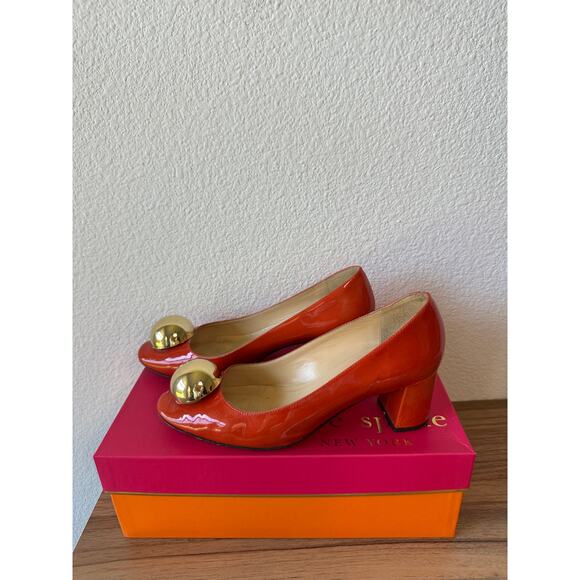 Kate Spade Dazzle Orange Patent Leather Pumps Gold Ball Detail Size 6.5M w/ Box - Picture 4 of 4
